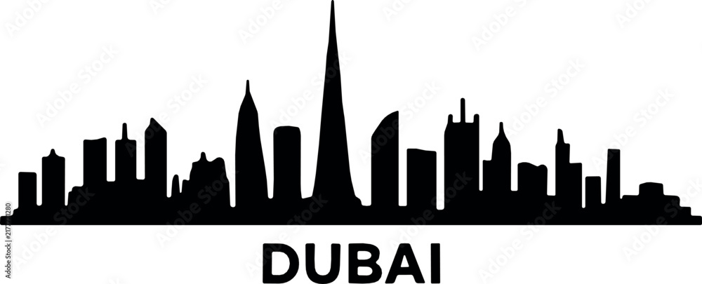 Obraz premium Dubai Skyline Silhouette with Burj Khalifa and Bold City Text Illustration