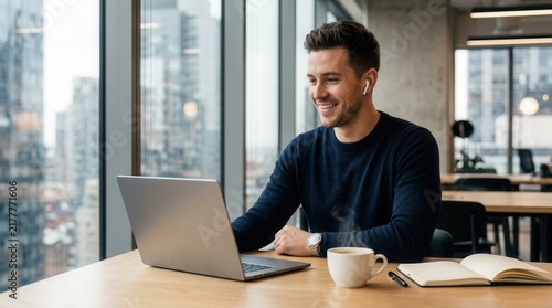 Young professional man smiling while working on a laptop in a modern office with a city view, holding a coffee cup.