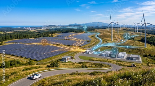 Renewable Energy Power Plant with Solar Panels and Wind Turbines