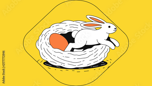 white rabbit running in nest, cartoon style