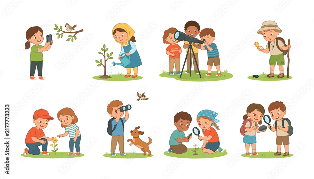 Fototapeta premium Cute Kids Exploring Nature Vector Set Featuring Children Gardening Bird Watching Using Telescope and Magnifying Glasses for Science Education Camping Projects and Outdoor Activity Designs