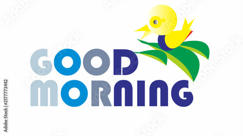 Good Morning typography greeting with cute geometric yellow bird mascot sitting on green leaves vector illustration isolated on white background
