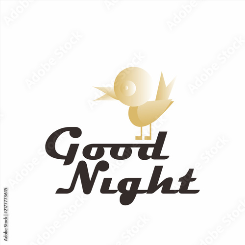 Good Night typography greeting vector with cute geometric golden beige bird mascot isolated on white background.