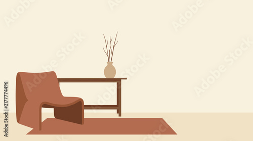 Modern minimalist living room interior with a cozy brown armchair, console table, and abstract vase on a rug