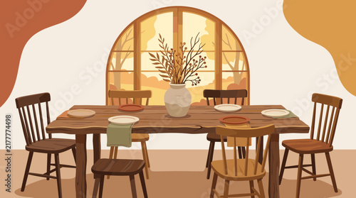 Cozy autumn interior scene with a rustic wooden dining table and chairs by a large arched window