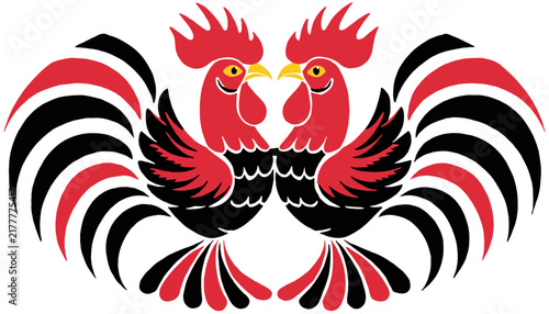 Two red and black roosters facing each other, rooster illustration, rooster design
