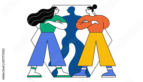 Two people with arms crossed facing each other, symbolizing conflict or disagreement, with a silhouette in between.