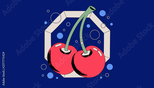 Two red cherries with green stems in a white hexagonal shape on a blue background