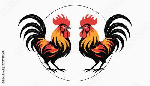 Two Roosters Facing Each Other Inside Circle, Vibrant Colors, Decorative Design, Poultry Farm Symbol