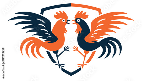 Two roosters facing each other, colorful rooster logo, rooster emblem