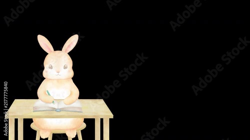 鉛筆でノートに書き込む愛らしいうさぎのα付きループアニメーション。学習・勉強・教育のフレーム素材。	