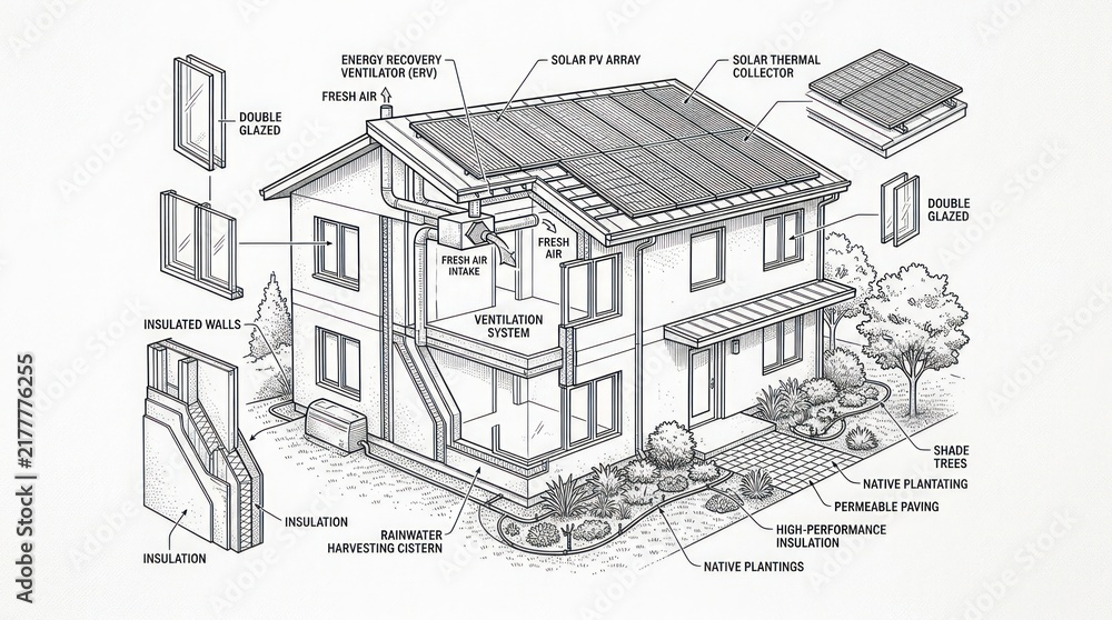 Obraz premium Elegant Eco Friendly House Design Showcasing Sustainable Features Solar Panels Ventilation Insulation and Landscaping