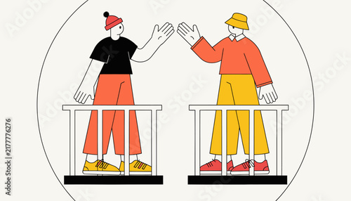 two friends greeting each other from balconies