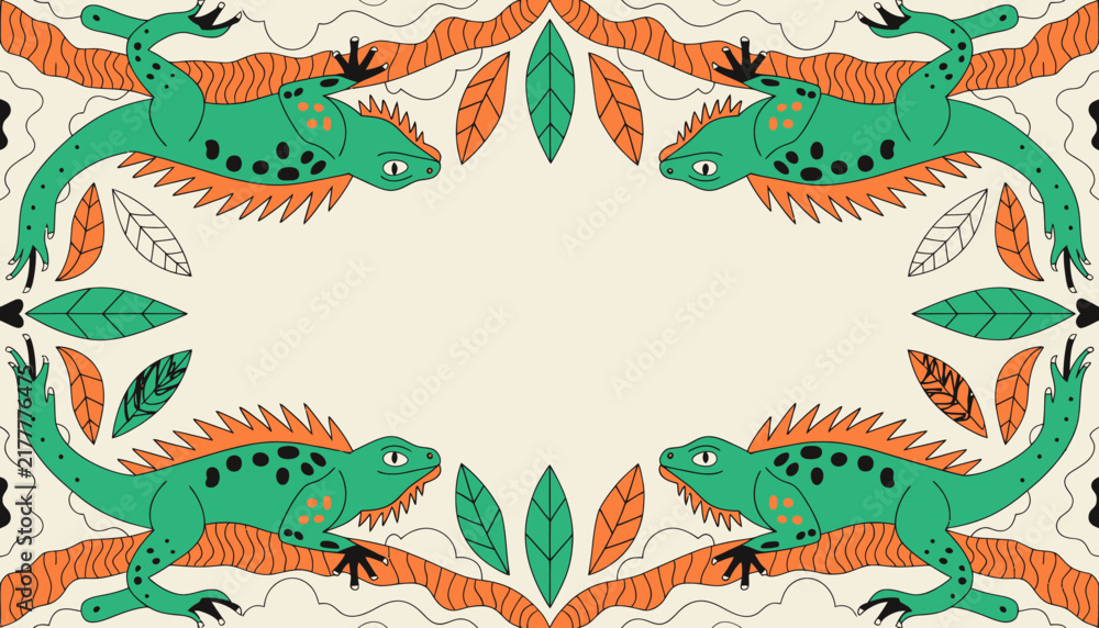 Obraz premium Tropical Iguana Border Design with Leaves and Branches - Exotic Animal Frame for Greeting Cards and Invitations