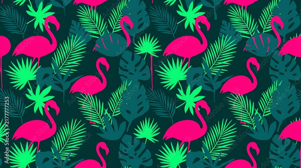 Vibrant flamingo seamless pattern, tropical palm leaves background, pink birds and green jungle foliage wallpaper