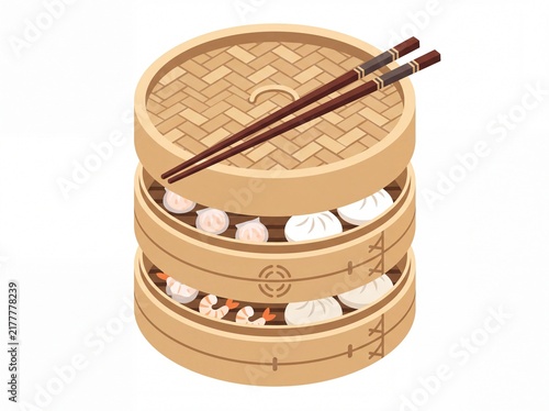 Obraz na płótnie Bamboo dim sum steamer stack with dumplings and chopsticks