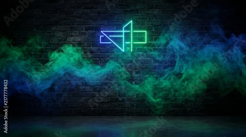 A glowing neon geometric symbol pulses with electric blue and emerald light against a textured brick wall, surrounded by swirling mist that reflects vivid hues across the floor beneath it
