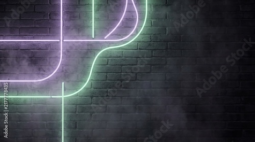 A glowing neon sign in purple and green hues traces abstract curved lines against a dark brick wall, casting a soft ambient glow that enhances the urban nighttime atmosphere with its electric