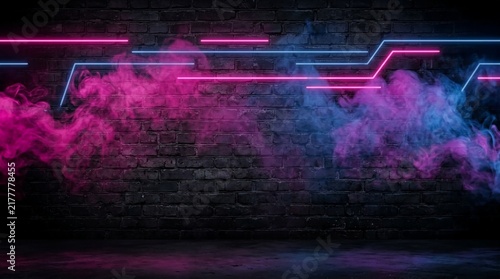 Vibrant pink and blue neon light beams streak across a textured brick wall, casting glowing reflections on the floor while swirling mist adds depth and atmosphere to the urban nightscape