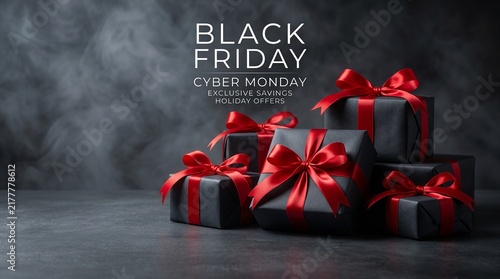 Black Friday and Cyber Monday promotional gifts wrapped in dark boxes with vibrant red ribbons arranged on a textured surface under dramatic lighting to capture holiday shopping excitement