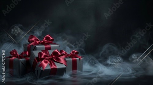 A mysterious arrangement of gift boxes wrapped in dark paper and tied with vibrant red ribbons rests amid swirling mist against a shadowy backdrop, evoking intrigue and festive anticipation