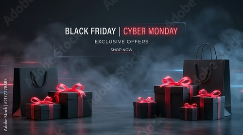 Black Friday and Cyber Monday exclusive offers are highlighted with glowing red ribbons on gift boxes and shopping bags arranged dramatically under smoky atmospheric lighting for seasonal
