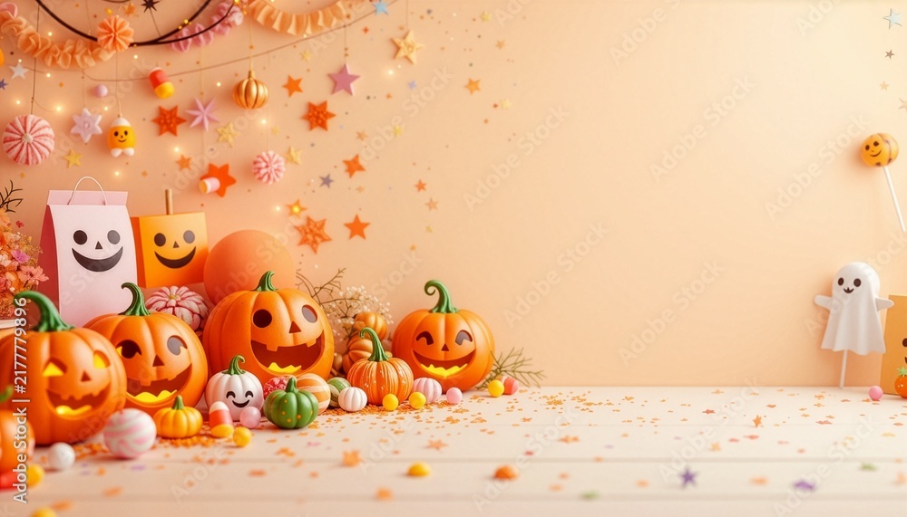Fototapeta premium Cute Spooky Halloween Party Banner with Orange Garlands Paper Bags Pumpkins and Candy Treats