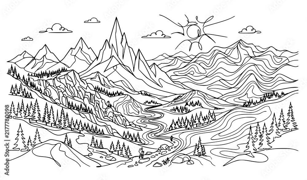 Fototapeta premium Modern Mountain Peaks Nature Landscape Continuous Line Art Background Vector