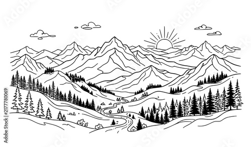Minimal Mountain Landscape Line Art Background Outdoor Nature Editable Vector Illustration