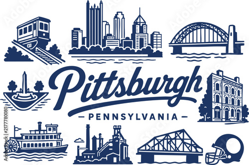 Pittsburgh, Pennsylvania Travel Vector Set with Skyline, Bridges, and City Icons