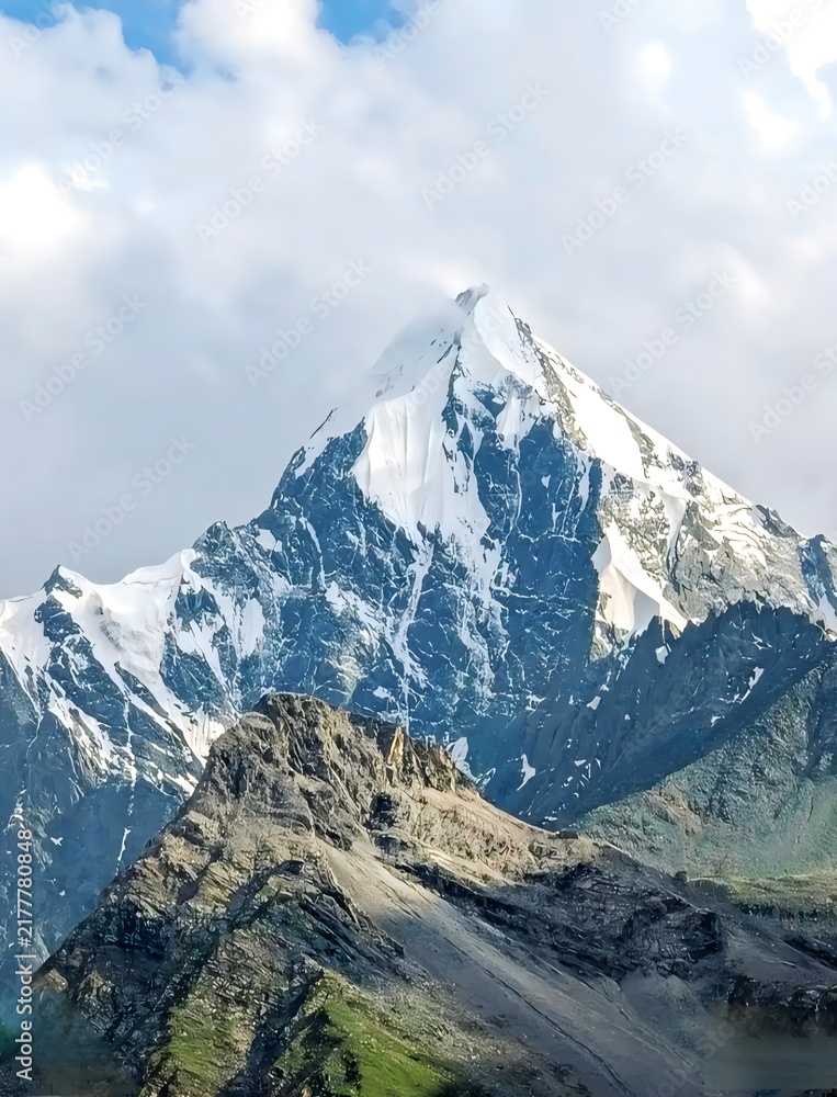 Fototapeta premium High altitude pyramidal snow peak with sharp rocky ridges in alpine range