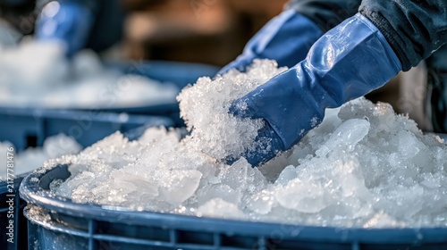 Seafood Packer Refreshing Ice in Cold Storage