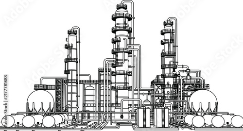Industrial Complex, Detailed Line Drawing Illustration of a Petroleum Refinery with Interconnected Pipes and Tanks