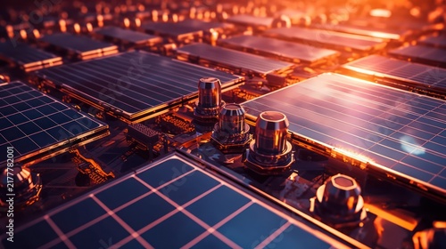 Futuristic Solar Panel Array with Warm Sunset Glow