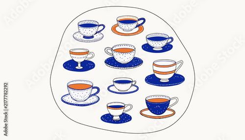 Vintage teacups and saucers in blue and orange