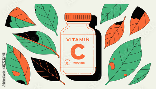 Vitamin C Supplement Bottle Surrounded by Organic Leaves - Health and Wellness Concept