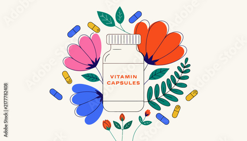 Vitamin capsules and flowers, healthy supplement concept