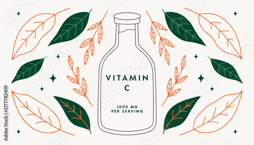 Vitamin C supplement bottle with leaves