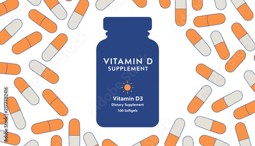 Vitamin D supplement bottle and capsules on white background