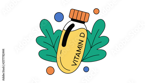 Vitamin D supplement bottle with green leaves
