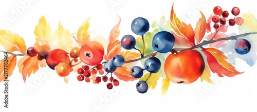 Watercolor Autumn Berries and Leaves Border