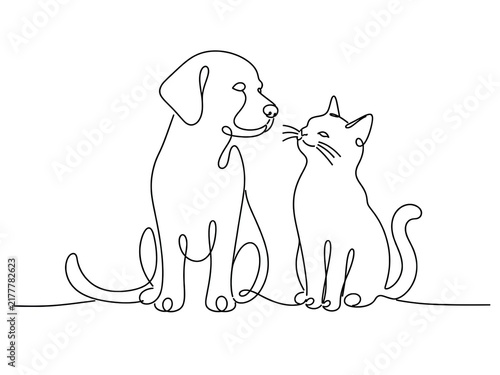Plakat 寄り添う犬と猫の一筆書きイラスト