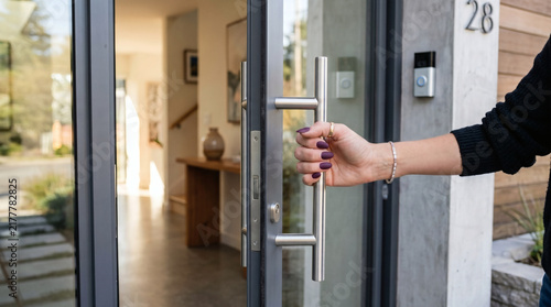 close up of woman hand opening modern glass front door with sleek metal handle contemporary residential entrance security lock transparent design elegant architecture bright daylight premium home exte