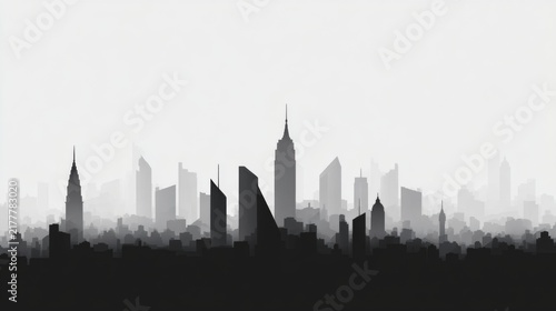 Monochrome cityscape skyline silhouette featuring tall modern skyscrapers and urban buildings
