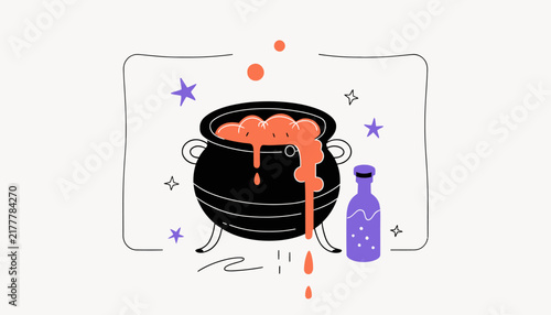 Witch's Potion Cauldron Bubbling with Magic Elixir and Bottle, Isolated on Transparent Background