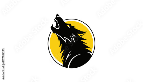 wolf howling at moon, black silhouette, yellow background