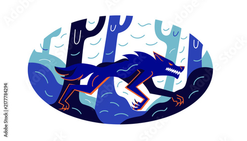 wolf running through forest, blue cartoon illustration