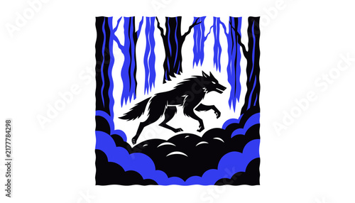 wolf running through forest, blue and black silhouette