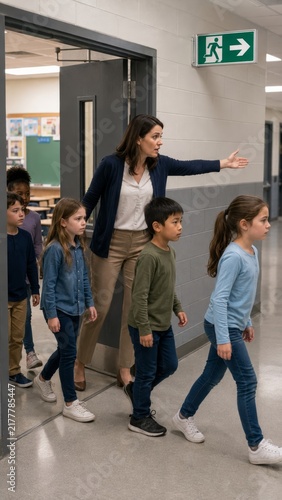 Teacher leading group of children during emergency evacuation in school corridor. Woman guiding pupils along exit sign route. Vertical