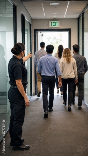 Woman security guard directing group of office workers toward exit sign during emergency evacuation. People leaving building through corridor door. Vertical